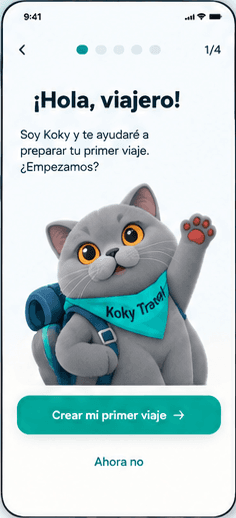 Pantalla real de bienvenida de Koky en Koky Travel